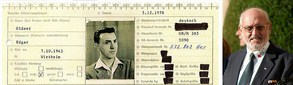 DRK-Karteikarte des Jubilars mit einem Foto aus jungen Jahren – und Edgar Gläser heute.